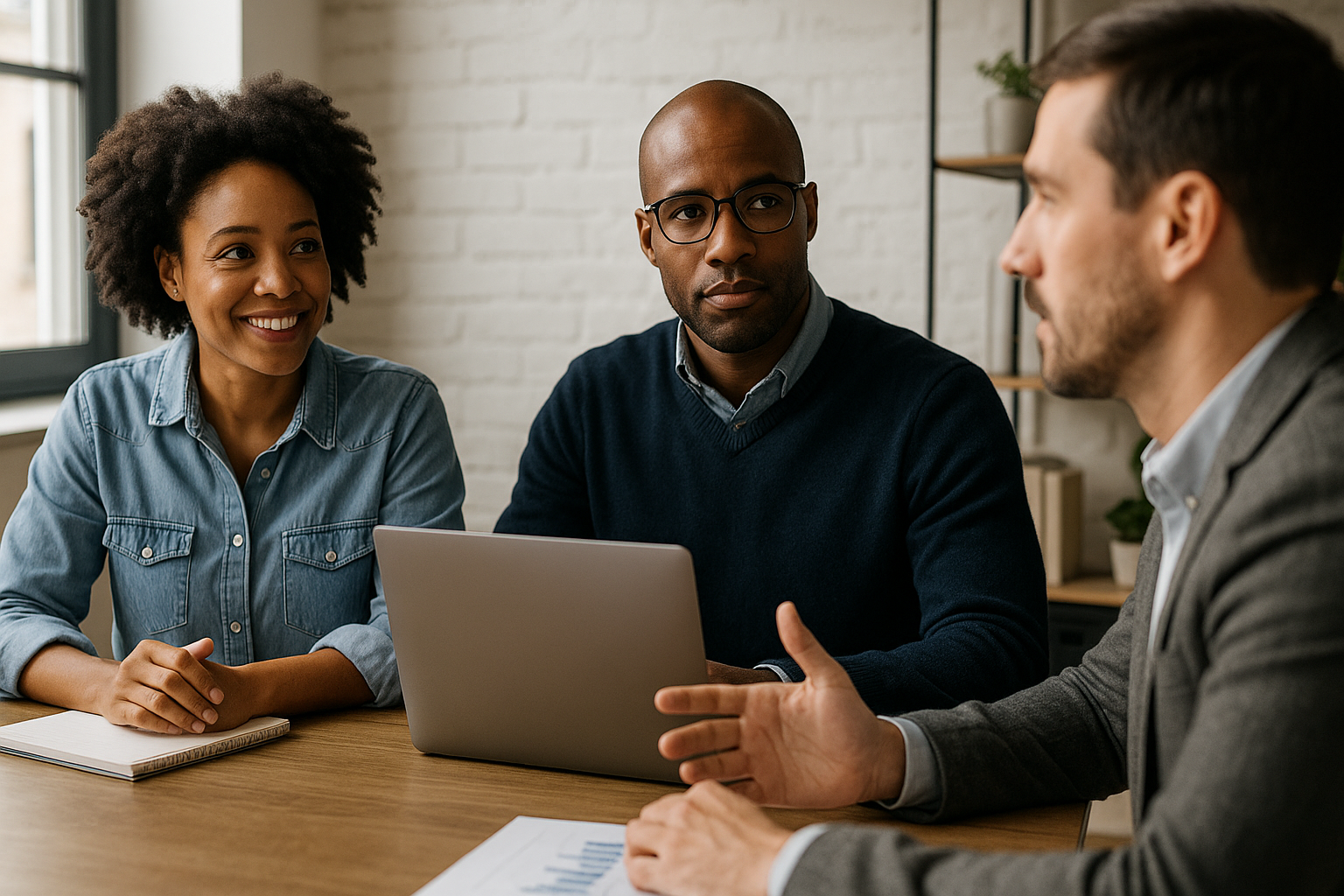 Three diverse professionals collaborating around a laptop in a modern office, representing a mission-driven, people-centered, and tech-empowered approach.