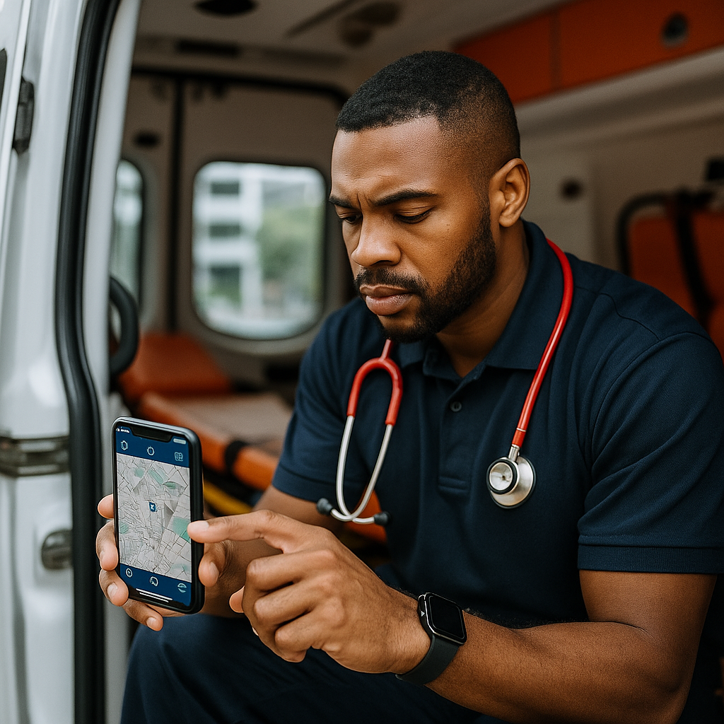 An African American emergency responder standing beside a vehicle while reviewing maps and records on a tablet during daylight hours.