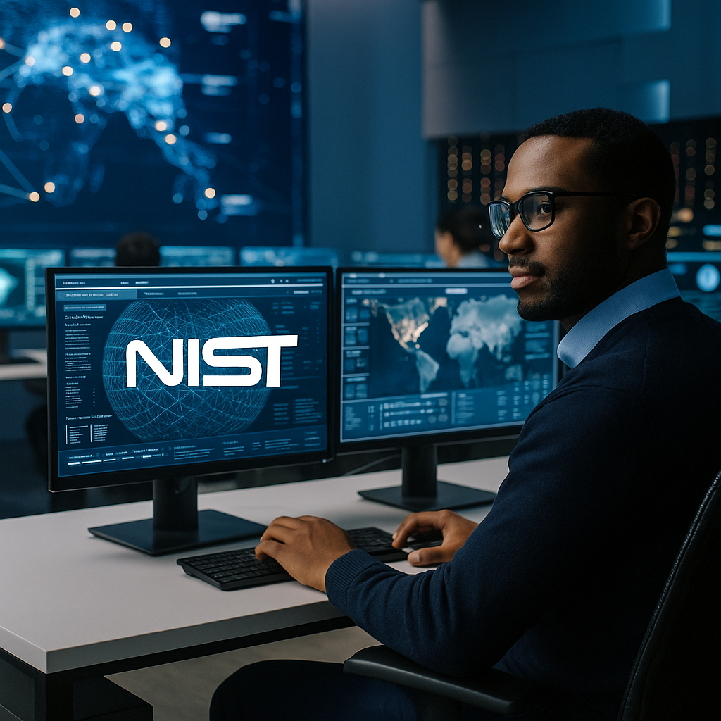 A secure data infrastructure control room with screens displaying system status, cybersecurity protocols, and compliance checklists, in a government or enterprise IT environment.