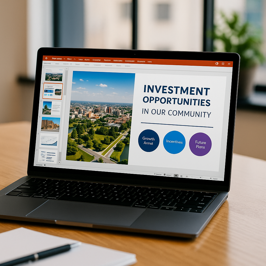 A laptop on a wooden desk displaying a clean PowerPoint slide deck with graphs, key metrics, and a professional title slide designed for investor outreach.