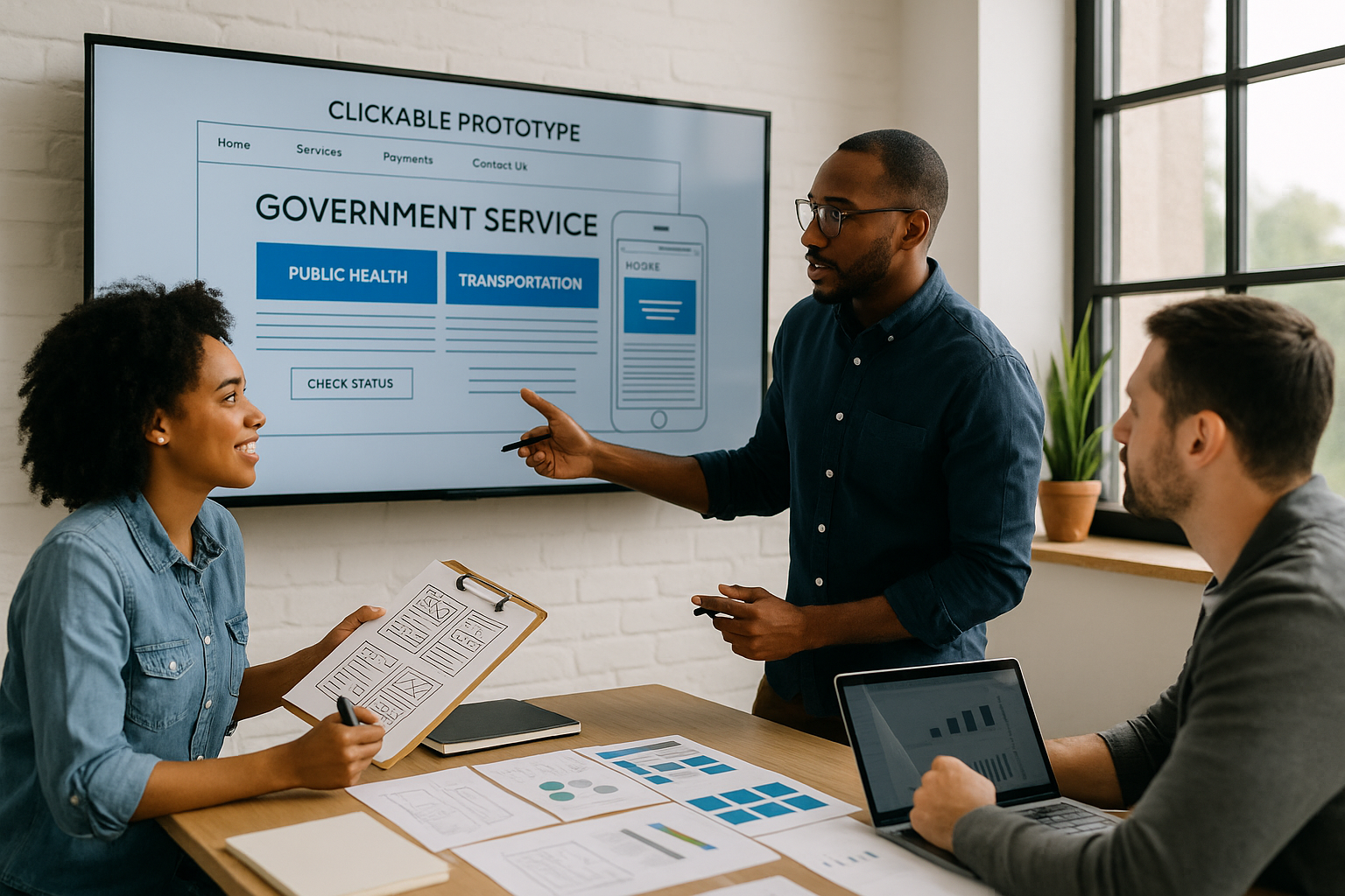 Three professionals reviewing wireframes and a clickable prototype for a government service website on a large screen, surrounded by UX design materials and natural light.