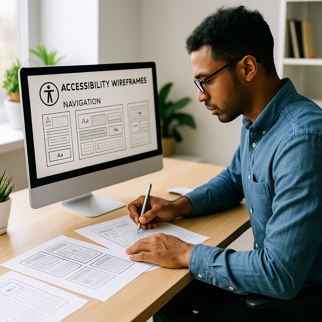 A UX designer of African origin sketching wireframes on a whiteboard, with sticky notes referencing accessibility features like keyboard navigation and screen reader support.