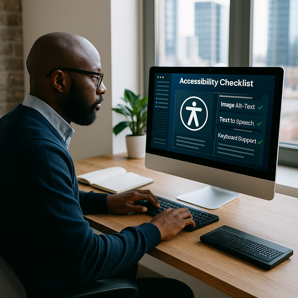 An African American man working at a desk in a bright office, reviewing accessibility features on a desktop screen, including image alt-text, text-to-speech, and keyboard support.