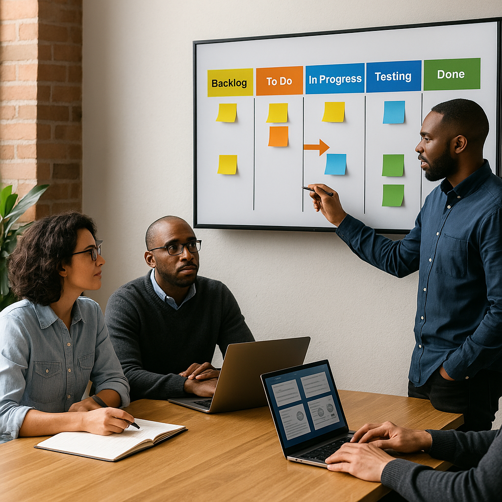 Three professionals standing around a whiteboard with sticky notes and sprint charts, collaborating on project tasks in a modern workspace.