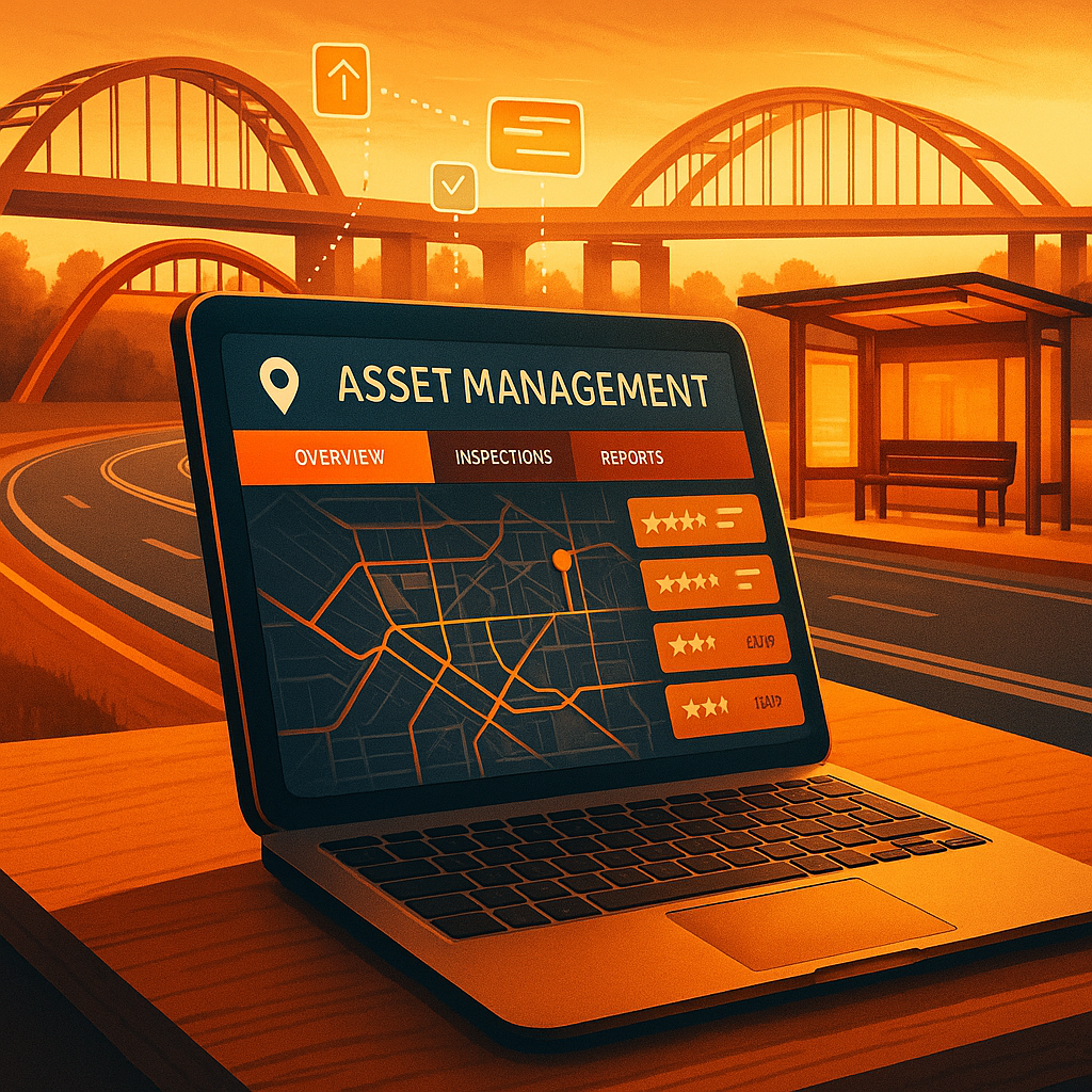 A colorful digital dashboard displaying categorized infrastructure assets, metadata tags, and status indicators for roads, bridges, and equipment in a visually layered layout.
