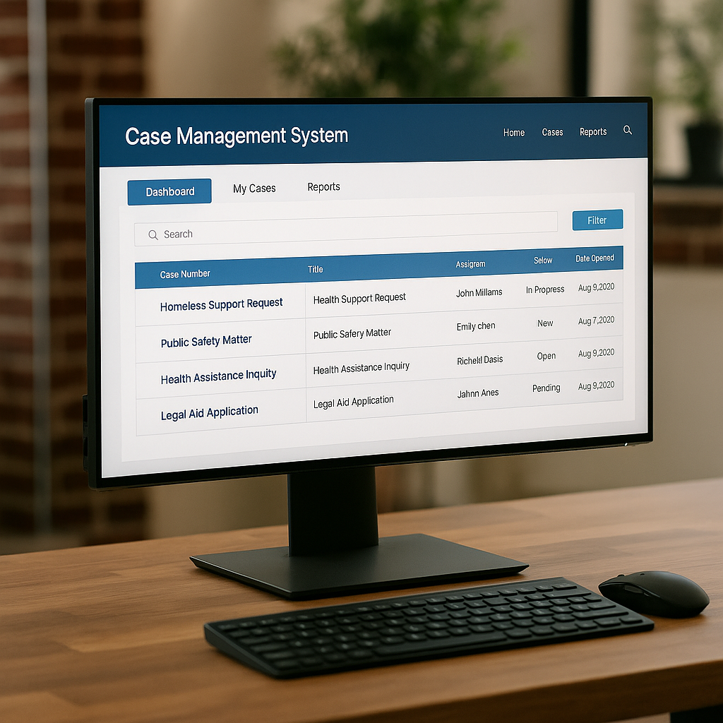 A modern computer monitor on a wooden desk displaying a case management system interface with case status indicators, priority filters, and a timeline of recent activity.