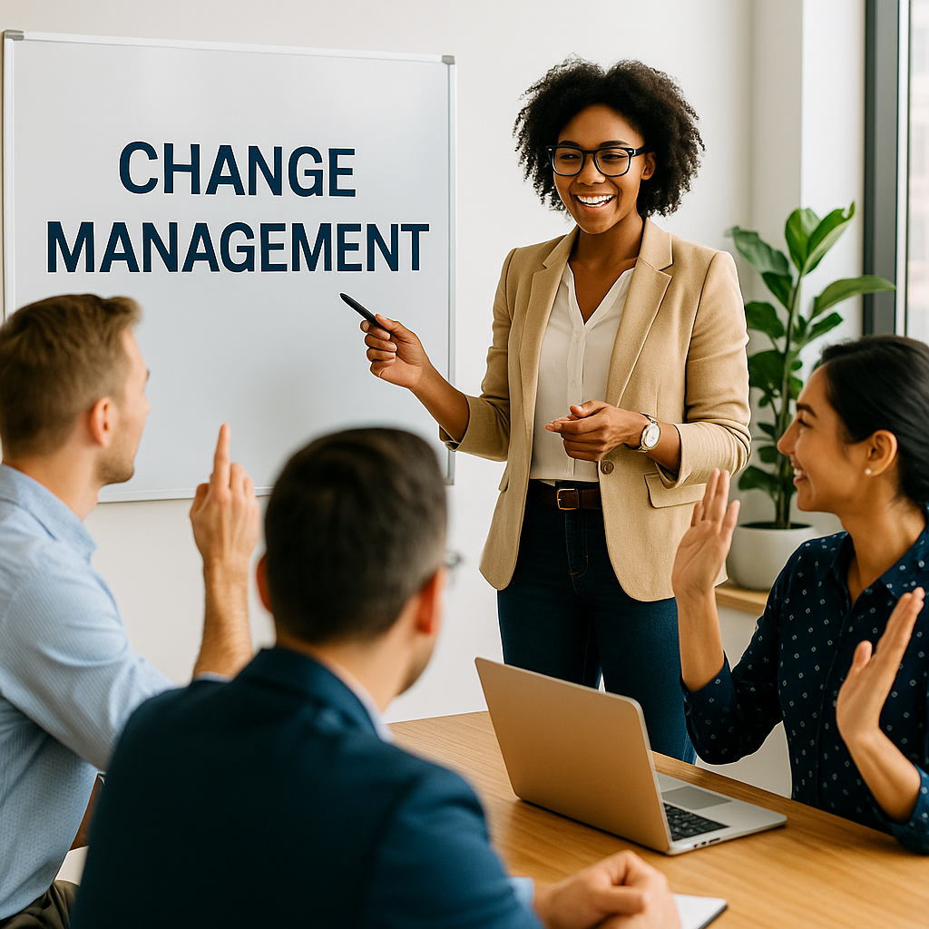 A professional woman leading a change management session in a bright office, engaging with a diverse team of participants who are raising their hands and interacting enthusiastically.