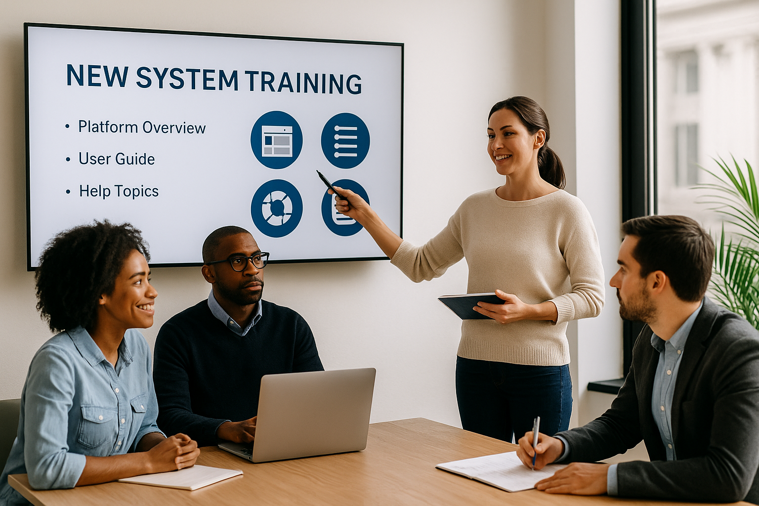 A diverse group of professionals in a modern conference room receiving training on a new government system, with an instructor presenting platform features on a screen.