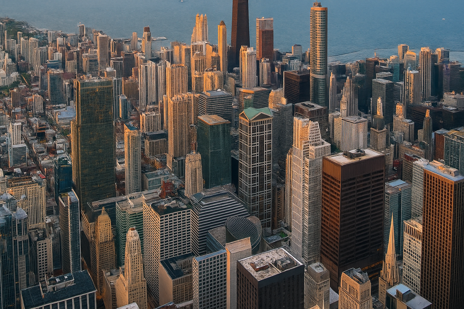 Aerial photograph of downtown Chicago showing skyscrapers lit by sunset with Lake Michigan in the background