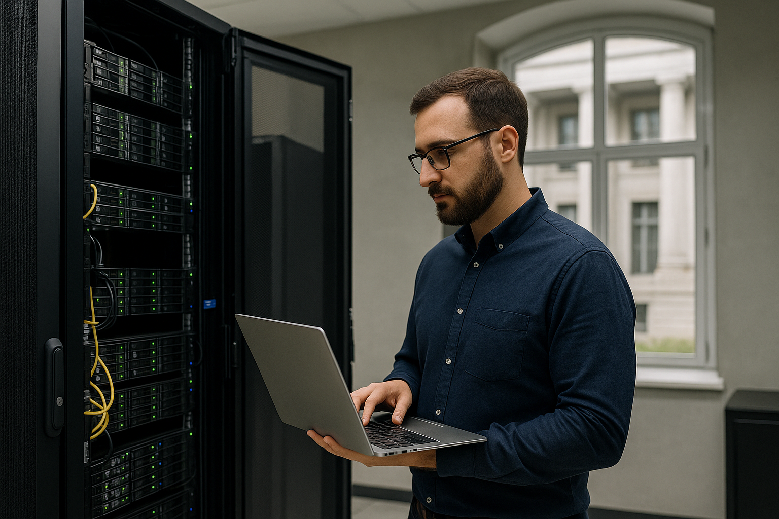 A male IT technician working on a laptop in a government server room, configuring cloud infrastructure with a civic building visible through the window.