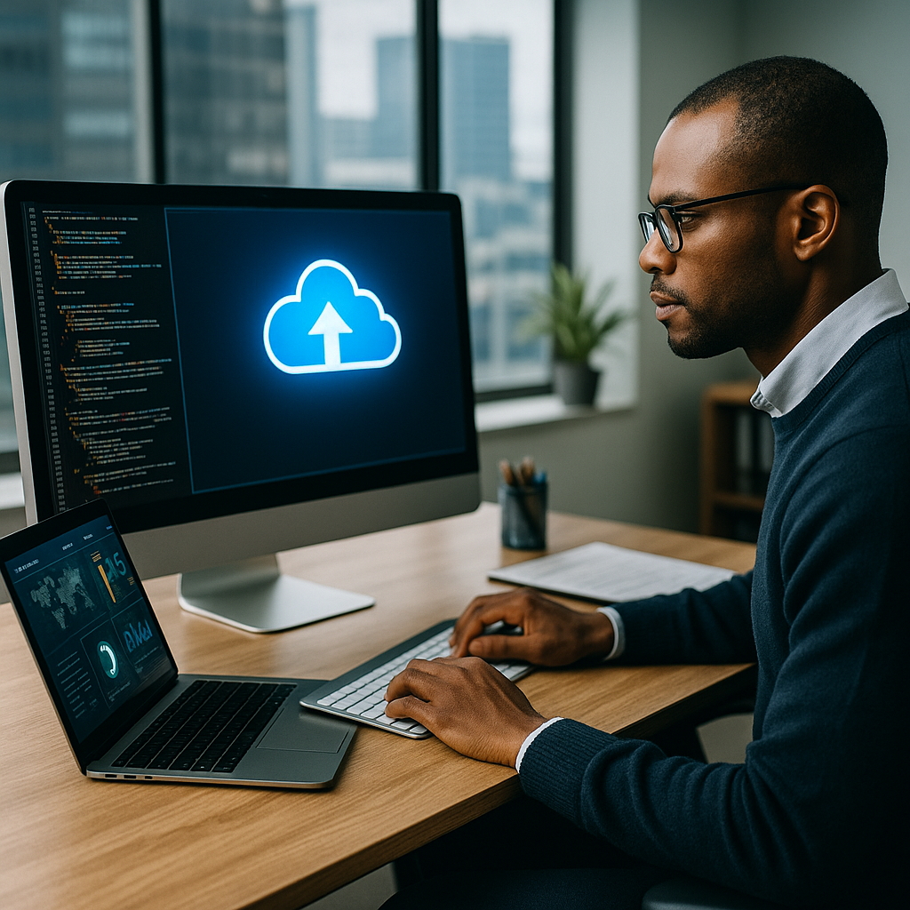 An IT professional working at a desk with a desktop monitor showing a cloud upload icon and a laptop displaying system metrics, in a modern office with city views.