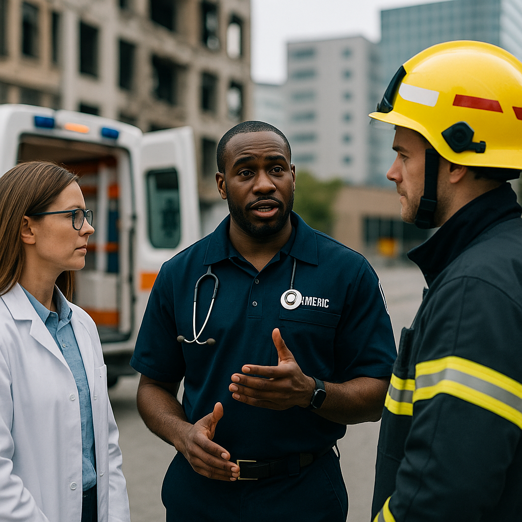 Three EMS and public safety professionals using a tablet and radio to coordinate emergency response efforts outdoors, with an ambulance and traffic in the background.