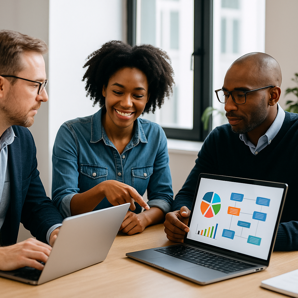Three professionals from different departments collaborating at a shared desk, reviewing data dashboards and workflow diagrams on laptops in a bright office.