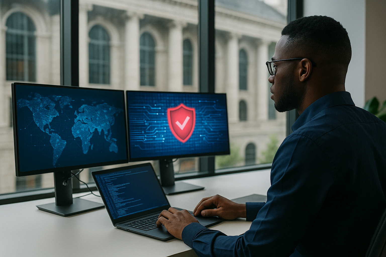 A cybersecurity analyst at a workstation with multiple monitors displaying global threat maps and a security status icon, seated in front of a large window with a civic building in the background.