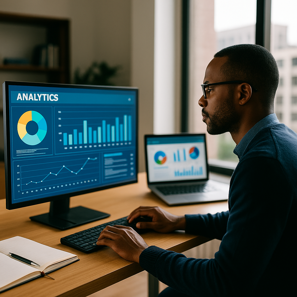 An African American man in a modern office analyzing data dashboards on a desktop monitor and laptop, with bar graphs, pie charts, and analytics visuals.