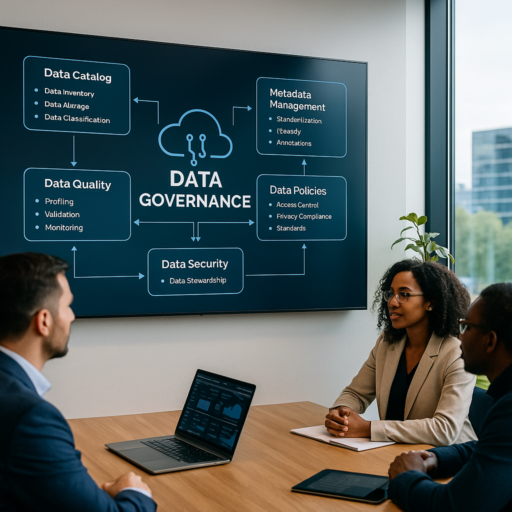 A professional presenting a digital data governance diagram on a large screen, showing interconnected roles, permissions, and compliance checkpoints in a collaborative office.