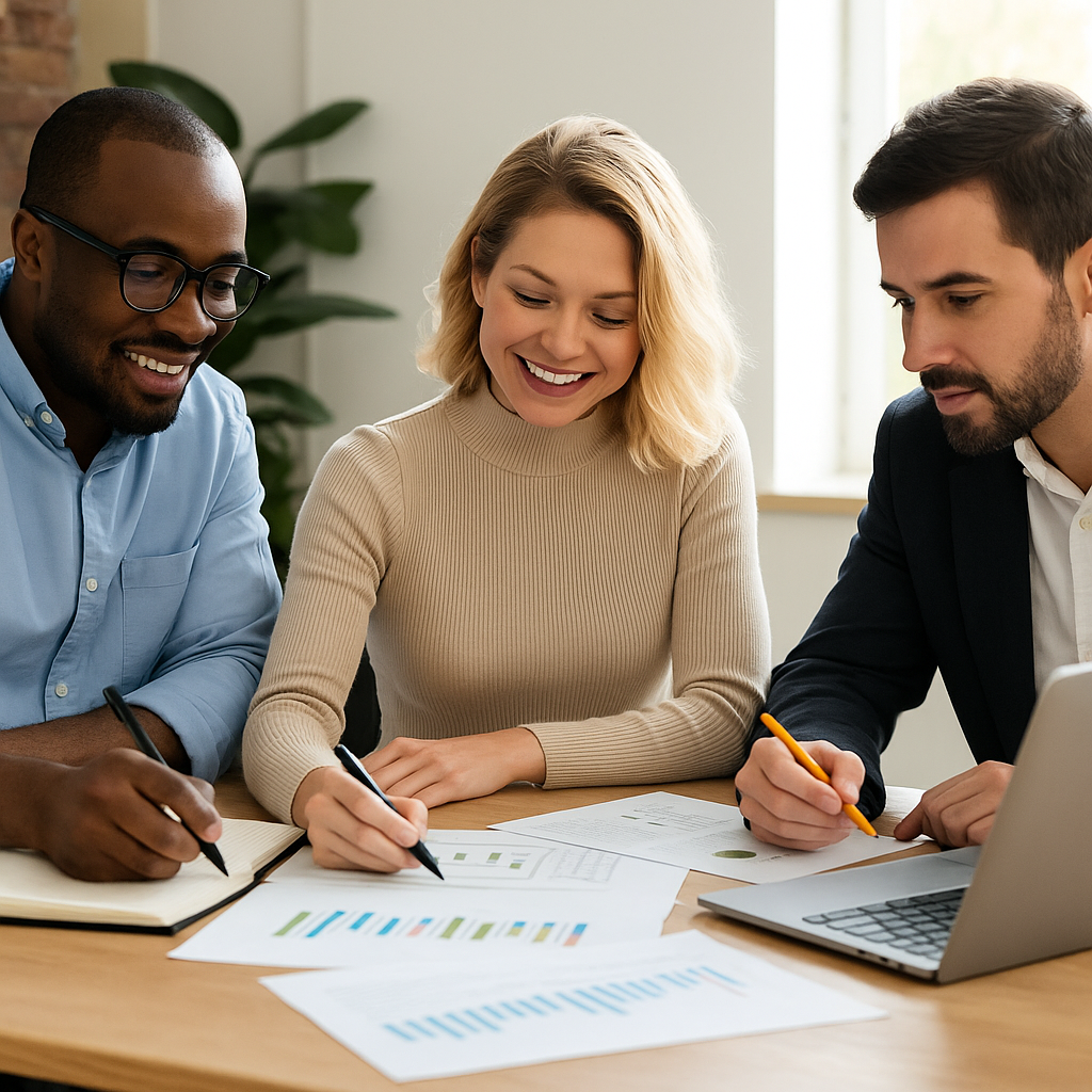 Three professionals gathered around a table reviewing documents, writing a public infrastructure plan with a laptop, notebooks, and city planning materials visible.