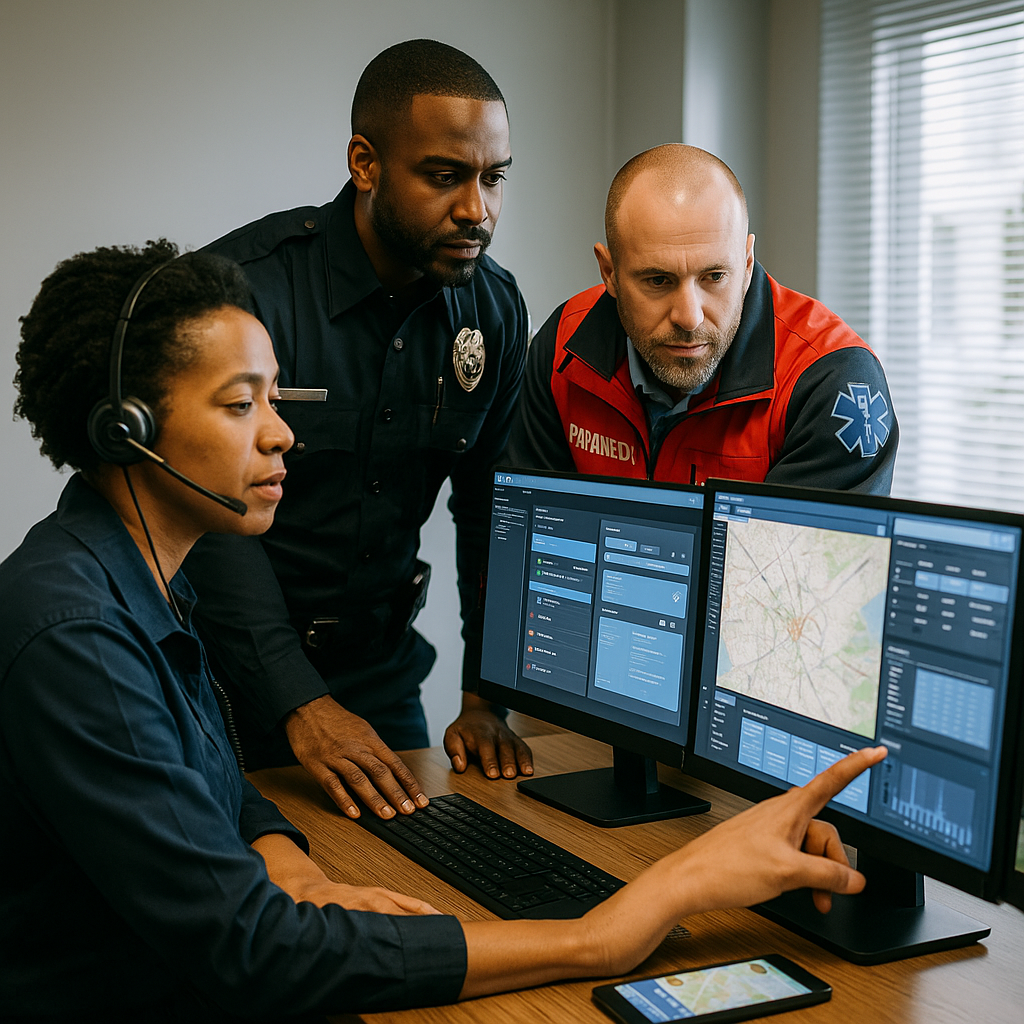 Three emergency responders—police, EMS, and fire—standing together in the field reviewing incident data on a shared tablet with emergency vehicles in the background.