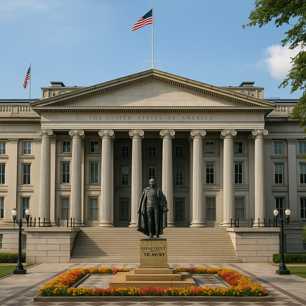 U.S. Department of the Treasury Building with Alexander Hamilton Statue The U.S. Department of the Treasury building with Ionic columns, American flags, and a statue of Alexander Hamilton in front, surrounded by landscaping and lampposts.