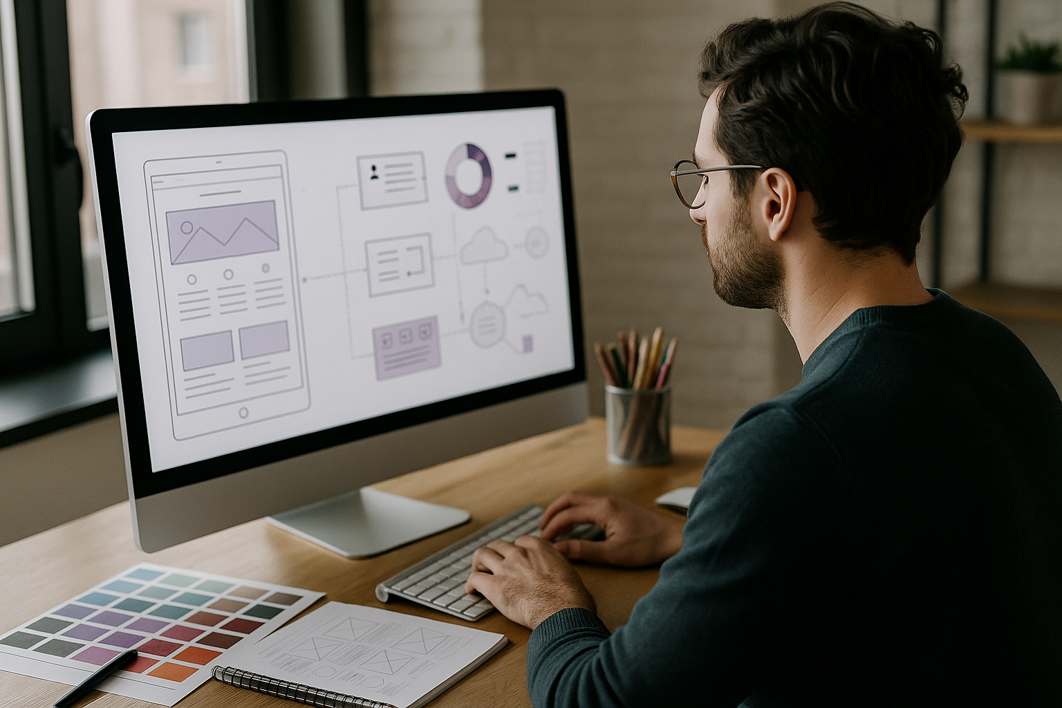 UX Designer Working on Government Service Interface A UX designer focused on wireframes and design flows displayed on a desktop monitor, with color palettes and interface sketches on the desk in a bright, modern office.