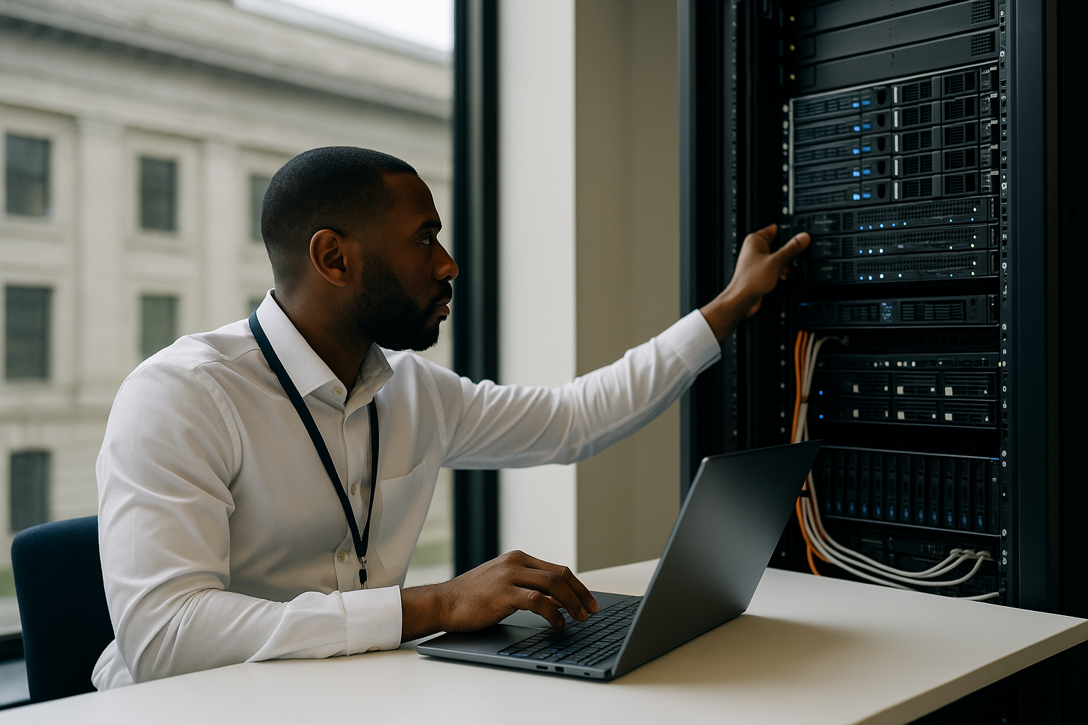 Professional IT technician configuring a government server rack while working on a laptop in a modern office setting with a civic building in the background.