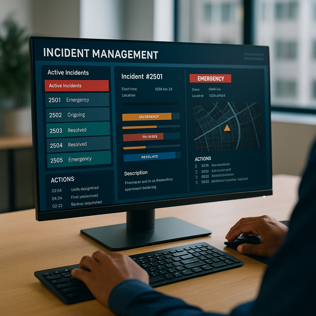 A professional working at a multi-screen emergency operations workstation, reviewing real-time incident data and response coordination tools.