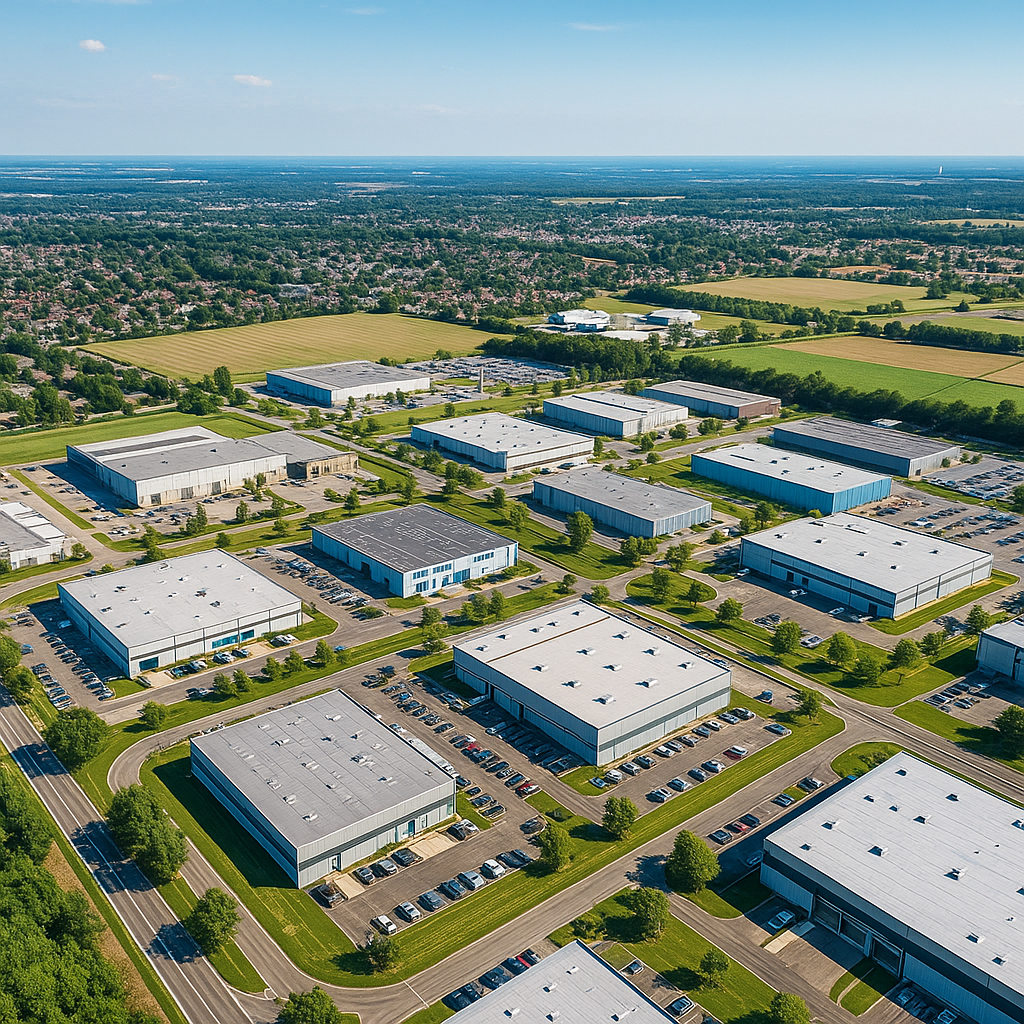 A high-resolution aerial drone image of an industrial park with multiple warehouse buildings, access roads, and green buffer zones—ideal for GIS mapping and zoning overlays.
