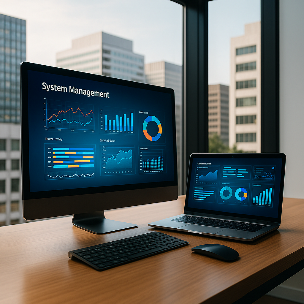 A desktop and laptop on a minimalist wooden desk, both displaying advanced system management dashboards with charts and graphs, set in a modern office overlooking a city skyline.