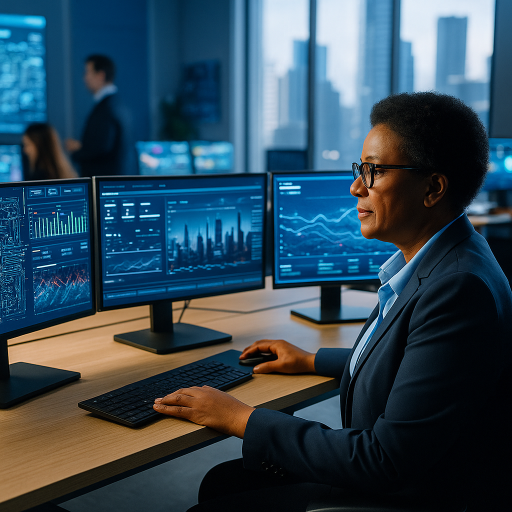 An African American woman in a professional suit working in a control room with multiple computer monitors displaying dashboards, data charts, and a digital city map.
