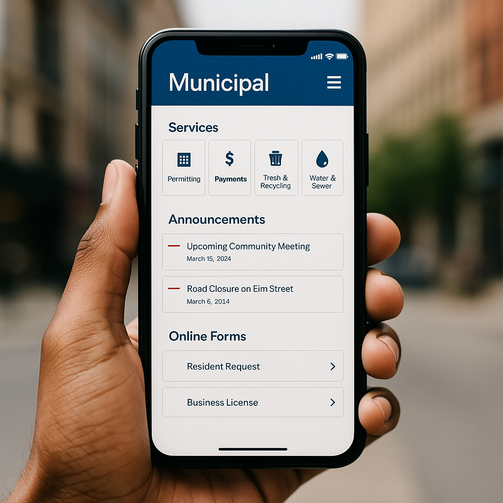 A person holding a smartphone displaying a clean, modern municipal website with sections for services, announcements, and online forms, against an urban background.