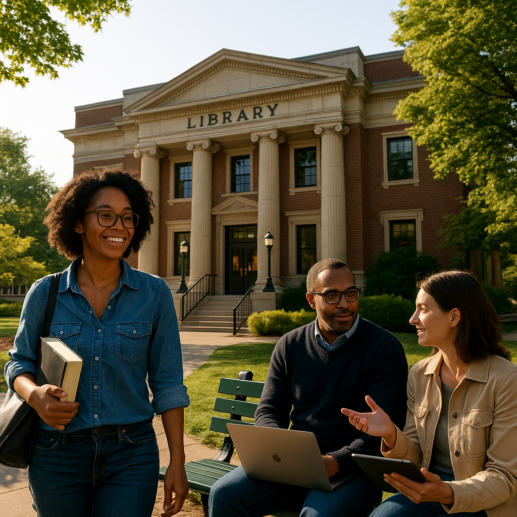 A diverse group of people gathered outside a red-brick public library with large columns and the word “LIBRARY” engraved above the entrance, engaging in conversation and study.