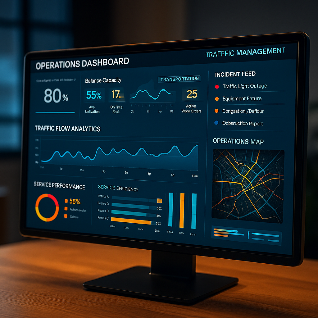 A high-tech dashboard interface displaying real-time analytics for public transportation, including route efficiency, service disruptions, and fleet performance metrics.