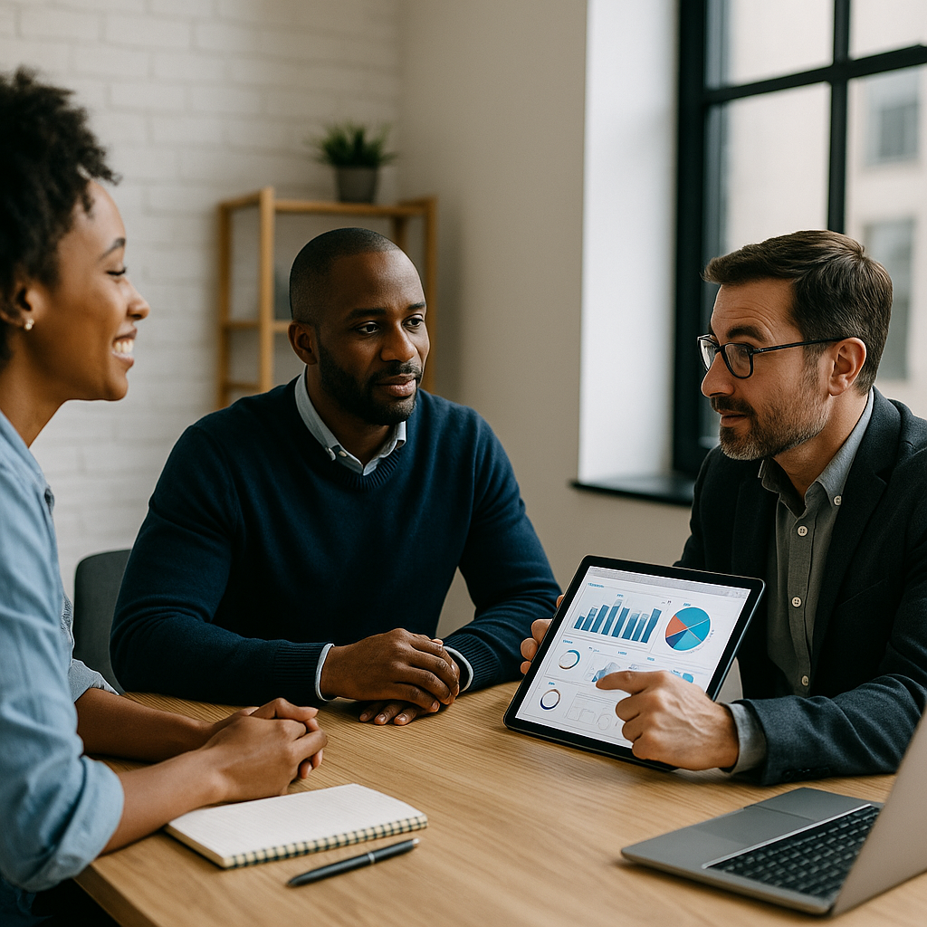 Three professionals collaborating at a conference table with a digital tablet displaying data visualizations, symbolizing people-centered and mission-driven tech work.