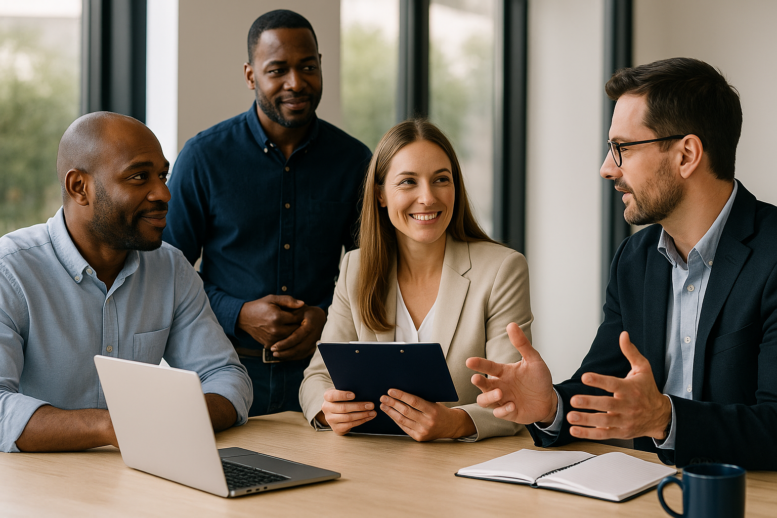 Four professionals collaborating around a table in a modern conference room, discussing strategy and partnership with laptops and notepads.