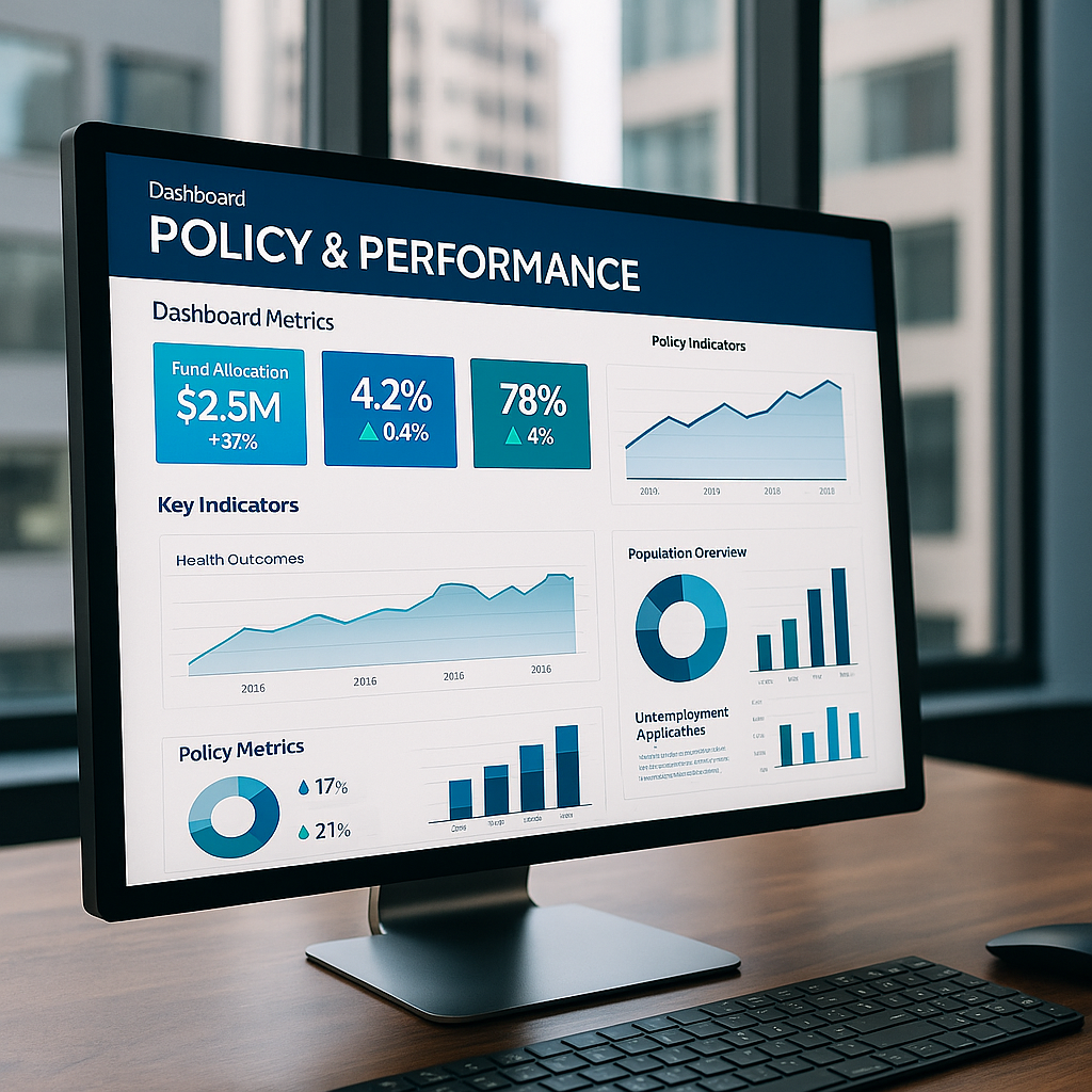 A modern desktop monitor displaying a public sector performance dashboard with charts for budget tracking, service delivery metrics, and policy impact scores in a clean office.