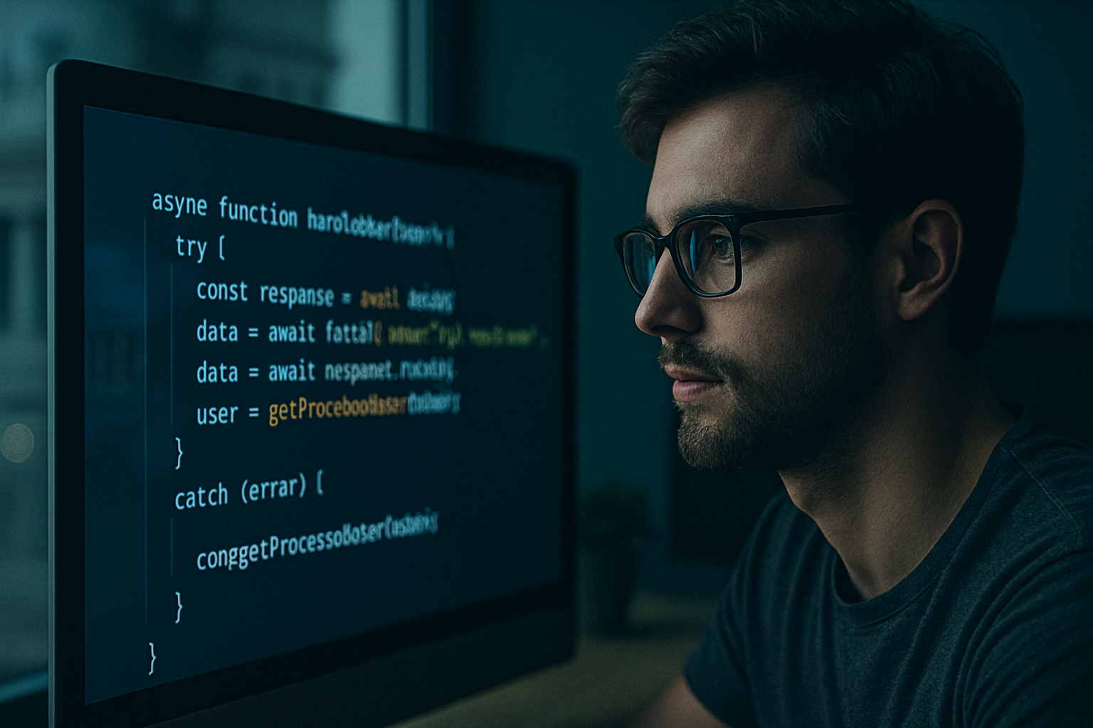 A software developer wearing glasses closely examines code on a monitor, with clean syntax reflected in his lenses and a civic building softly visible in the background.