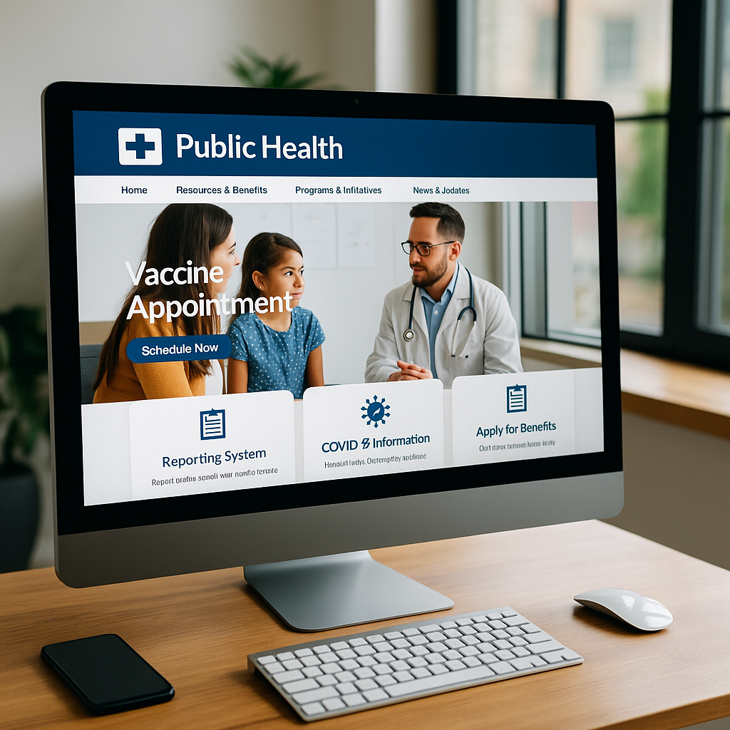 A computer monitor displaying a modern public health portal with sections for vaccination records, appointment scheduling, and local health alerts, in a clean, well-lit workspace.