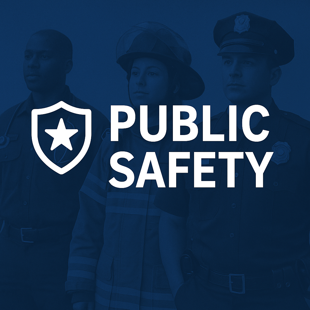 Public Safety professionals including a police officer, firefighter, and EMT with shield icon on blue background
