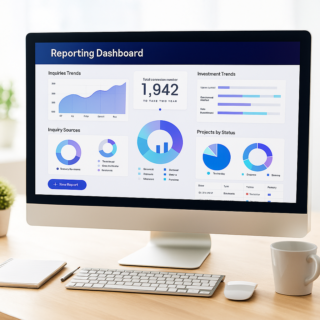 A laptop displaying a data dashboard with charts tracking investment trends, stakeholder inquiries, and performance indicators in a modern office setting.