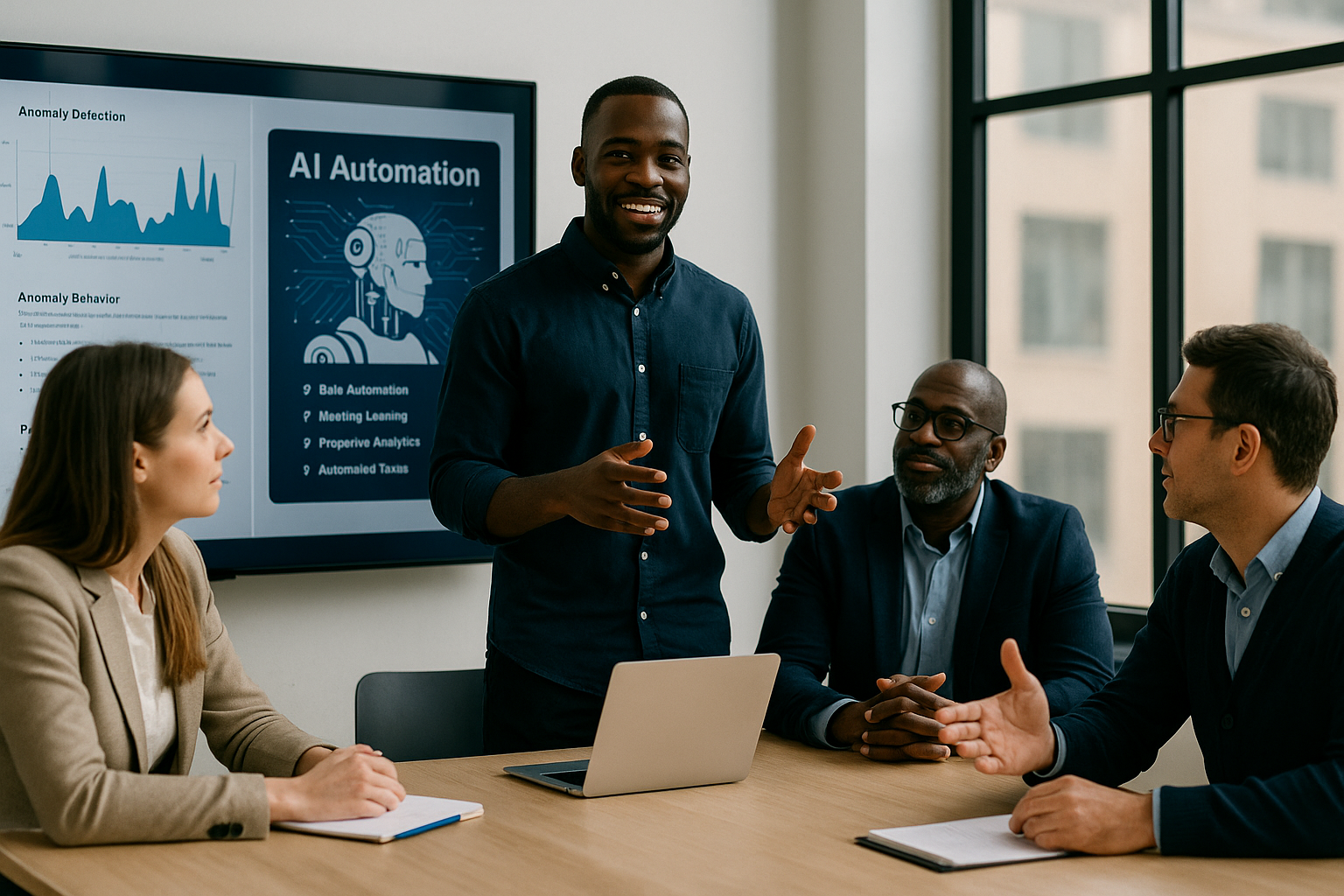 A group of professionals in a modern conference room discussing AI automation, with a display showing data charts and illustrations related to machine learning and anomaly detection.