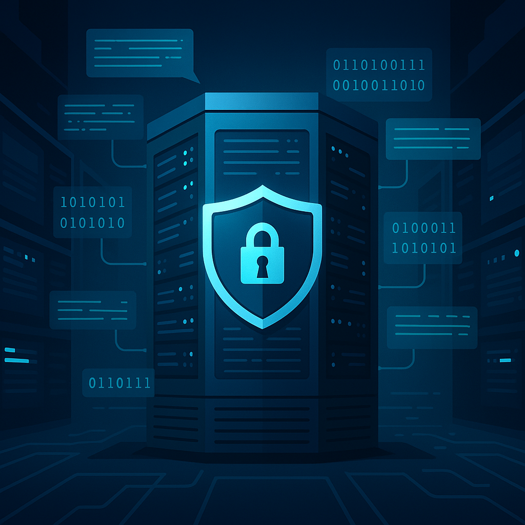 A digital illustration of a secure government IT system with shield and lock icons representing compliance with CJIS, HIPAA, and cybersecurity standards.