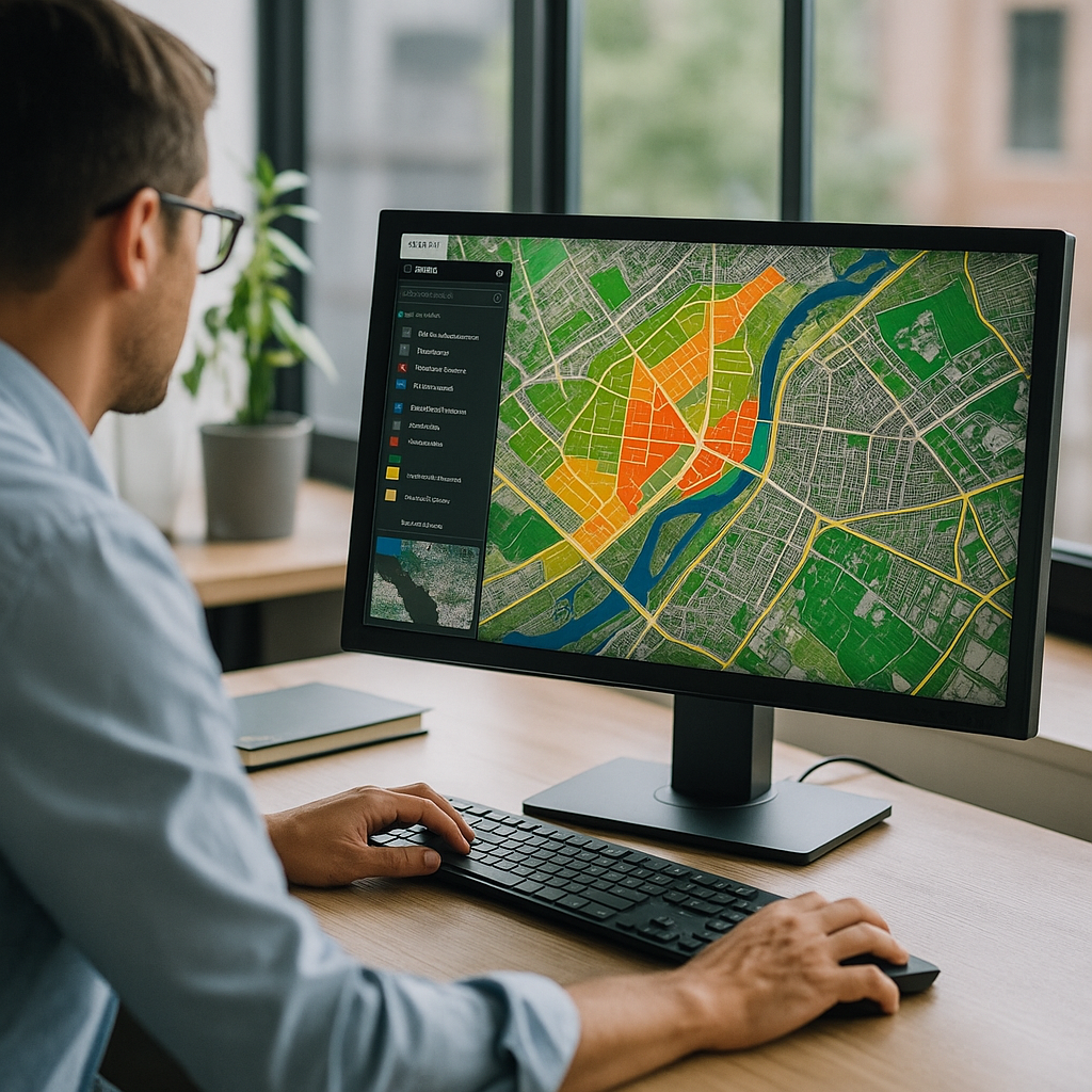 A professional in a modern office using a large monitor to interact with a GIS platform displaying layered infrastructure data, zoning overlays, and planning tools.