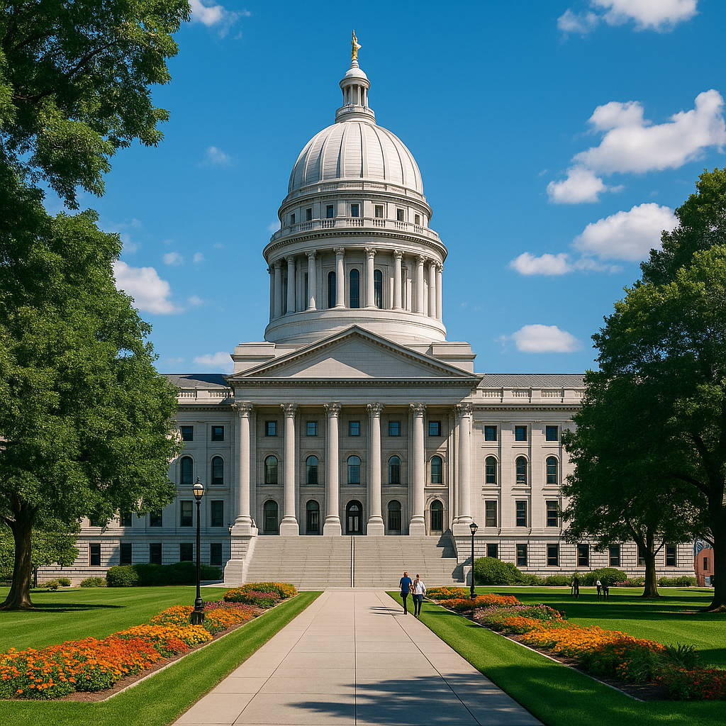 State Capitol Building with Public Grounds A neoclassical state capitol building with a white dome and Corinthian columns, surrounded by a landscaped park with flowerbeds, trees, and a broad walkway under a clear blue sky.
