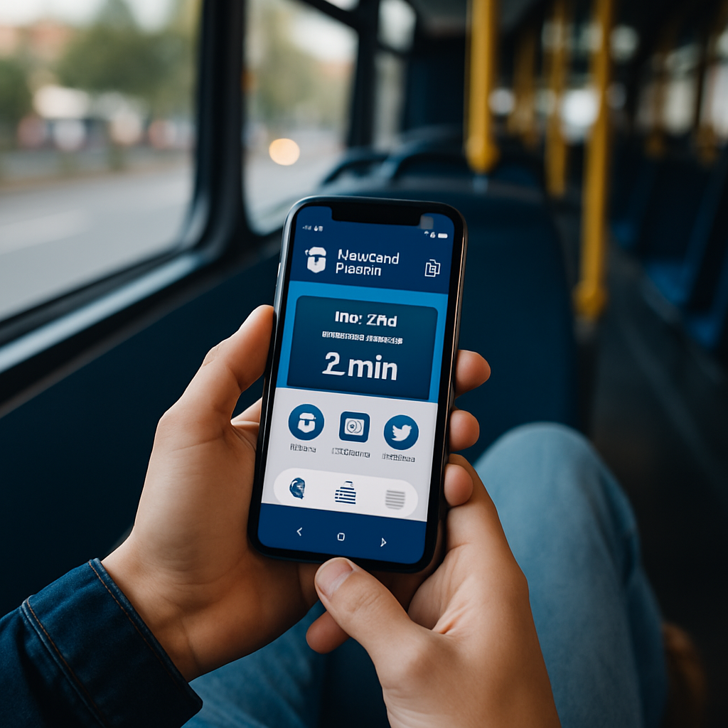 A person holding a smartphone showing a municipal transportation app with real-time bus arrival info, route map, and digital ticket, while riding on a city bus.