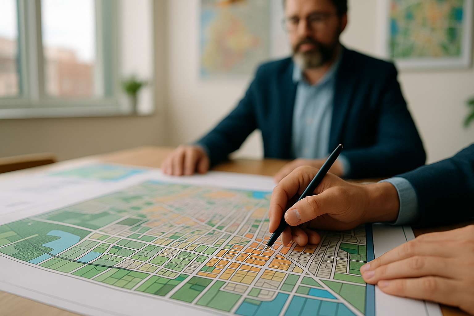 Close-up of an urban planner’s hand pointing at a detailed color-coded zoning map on a table, with a colleague observing in the background.