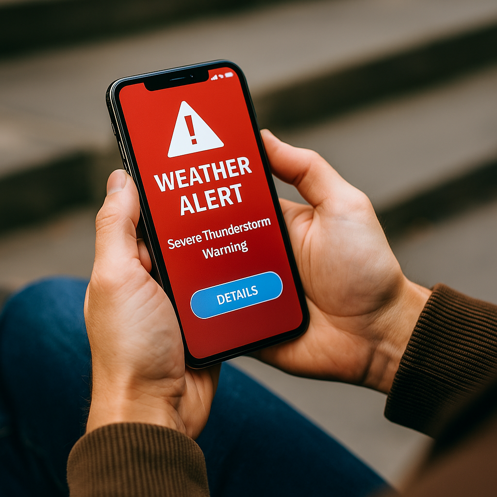 A person holding a smartphone displaying a weather or emergency alert with actionable information in a clean and accessible layout.