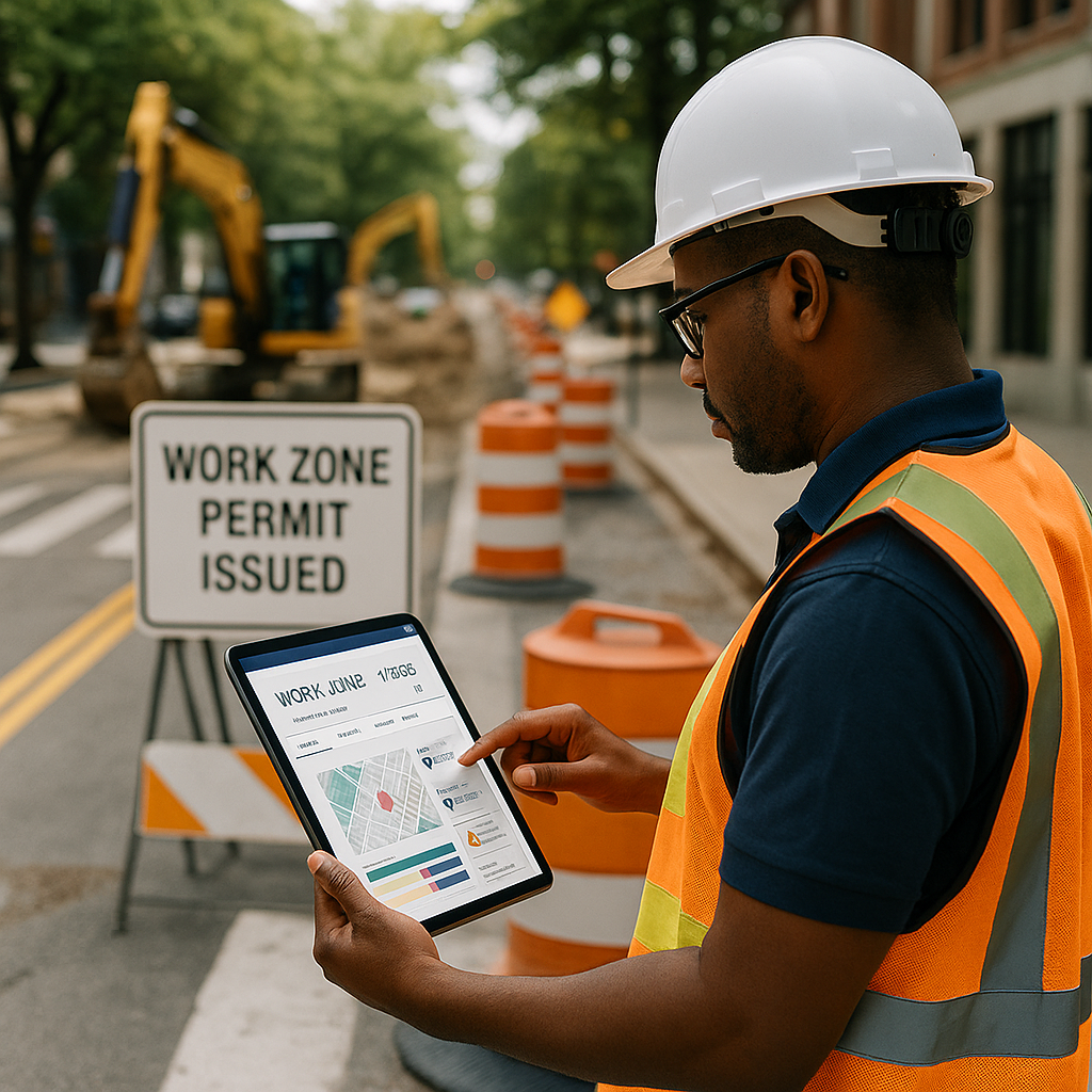 A construction planner using a laptop and tablet to manage active road work zones and permitting approvals, with safety gear and signage in the background.