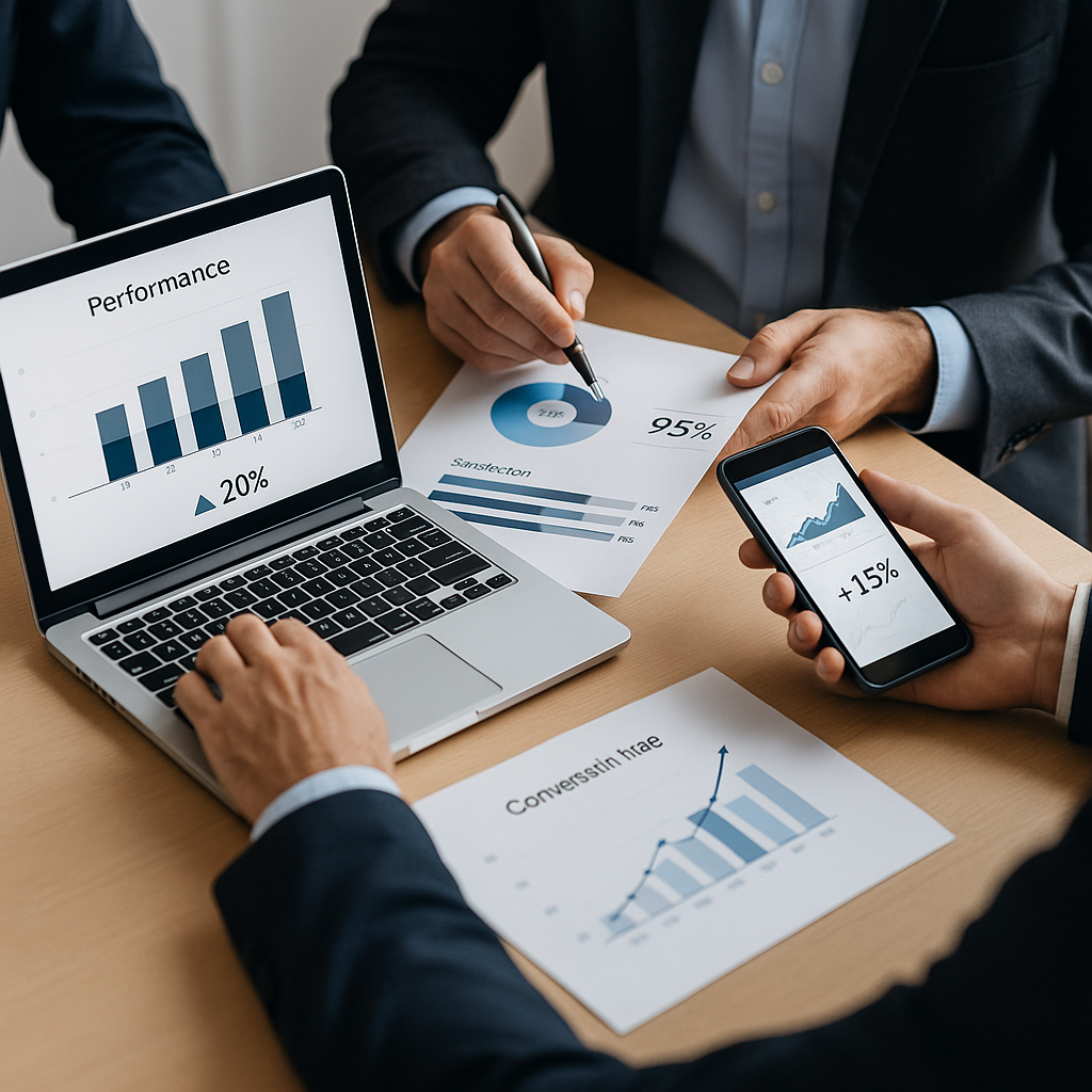 While the Skyway Industrial Park website is still under development, early outcomes demonstrate the effectiveness of CivicLink’s strategic approach in laying the groundwork for long-term success. Three professionals in business attire reviewing performance charts and graphs during a meeting
