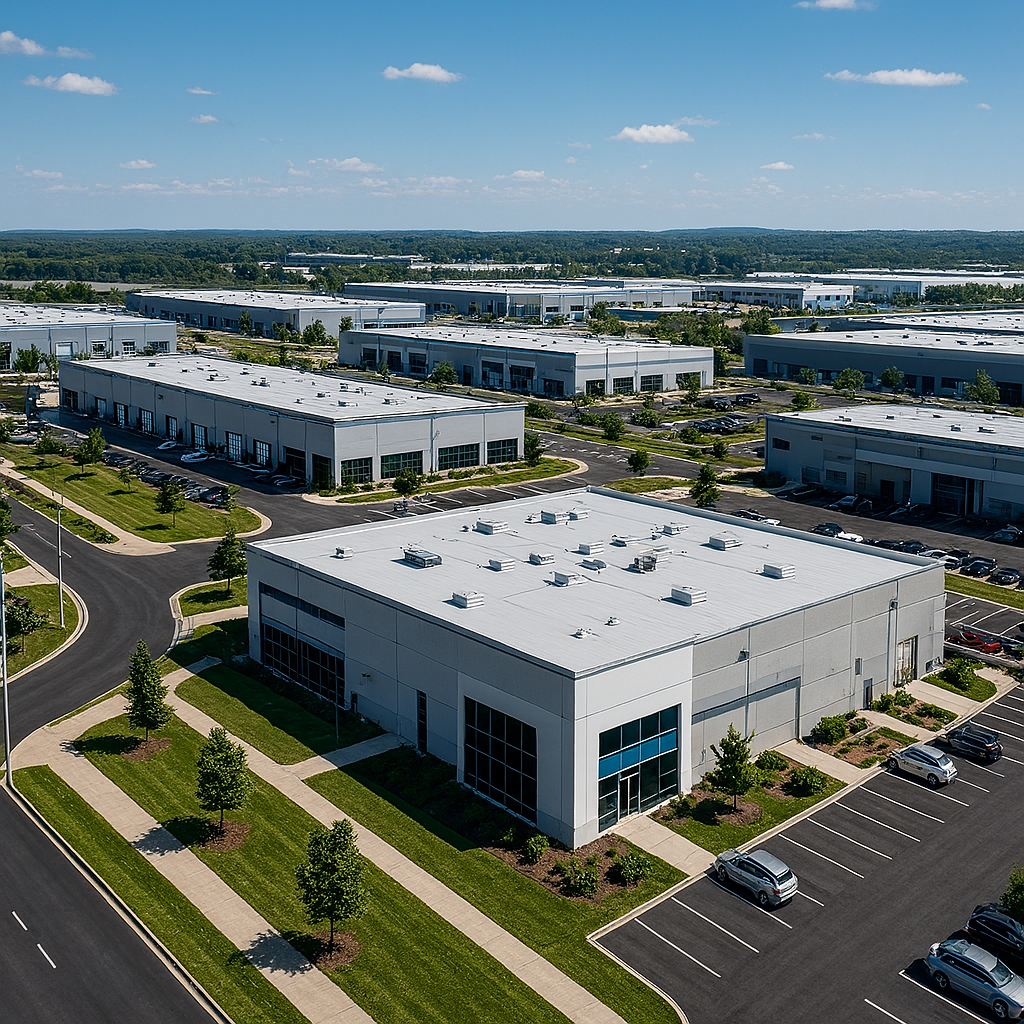 Aerial photo of a clean, modern industrial park with white-roofed buildings, green landscaping, and wide roads